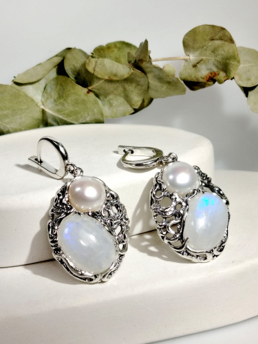 Серебряные серьги ETERI с аквамарином и жемчугом